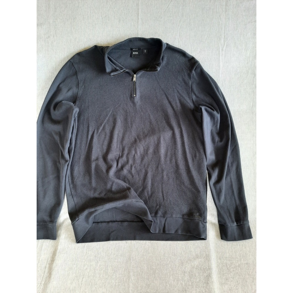 BOSS HUGO Men XL Black Zip-up Textured Regular Fit Cotton Long Sleeve Sweater